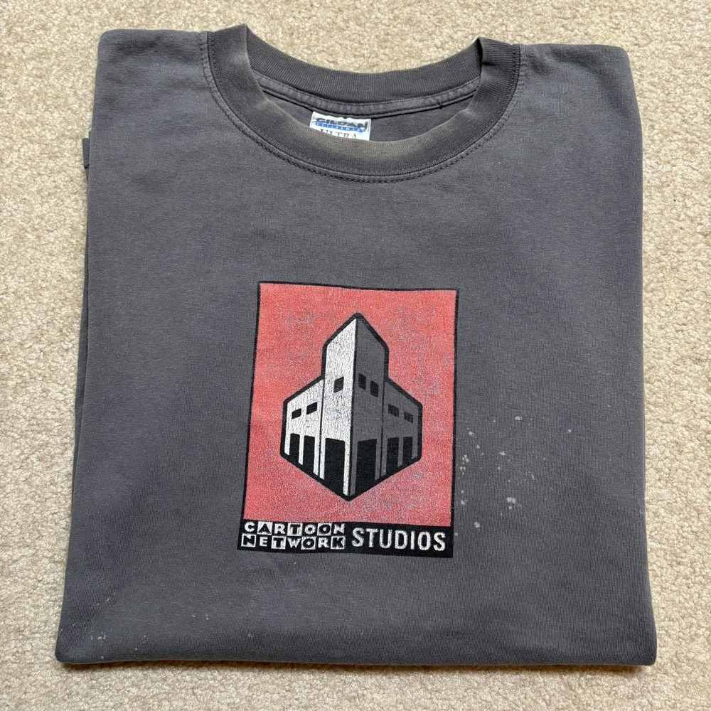 Vtg Cartoon Network Studios Shirt Mens XL Staff Crew Tee Gray Box Logo Faded 00s